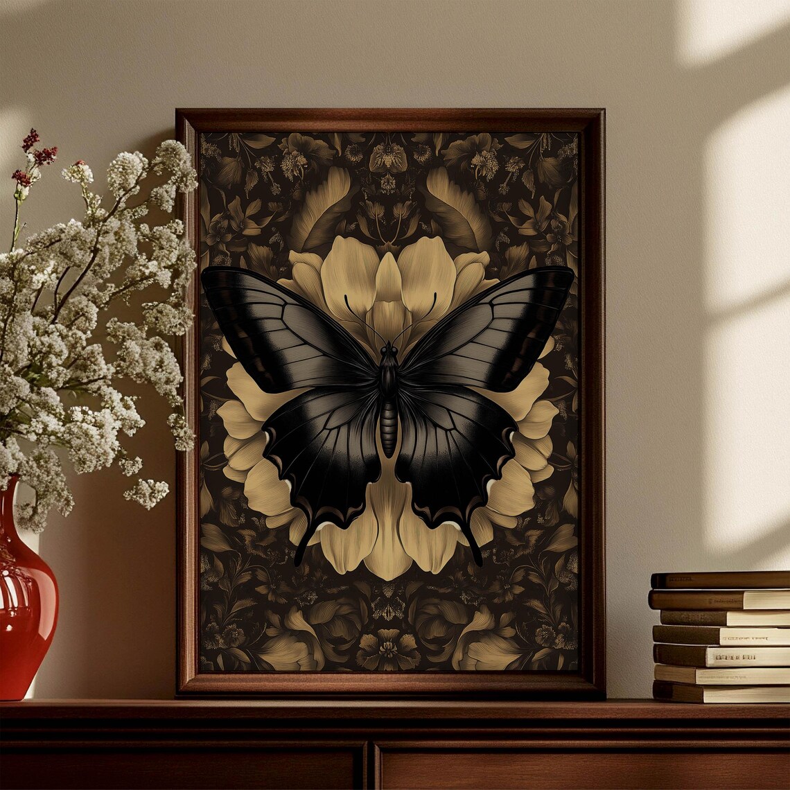 Black Butterfly Golden Bloom Dark Moody Botanical Insect Art Poster - Image 4