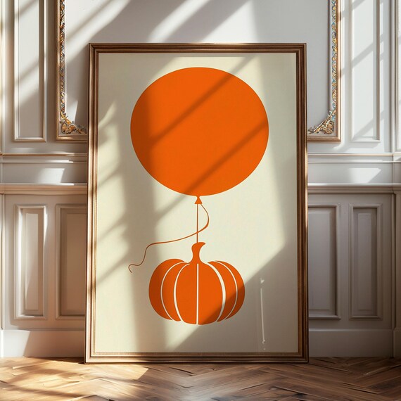 Orange Balloon Tied To Pumpkin Minimalist Halloween Fall Art Poster