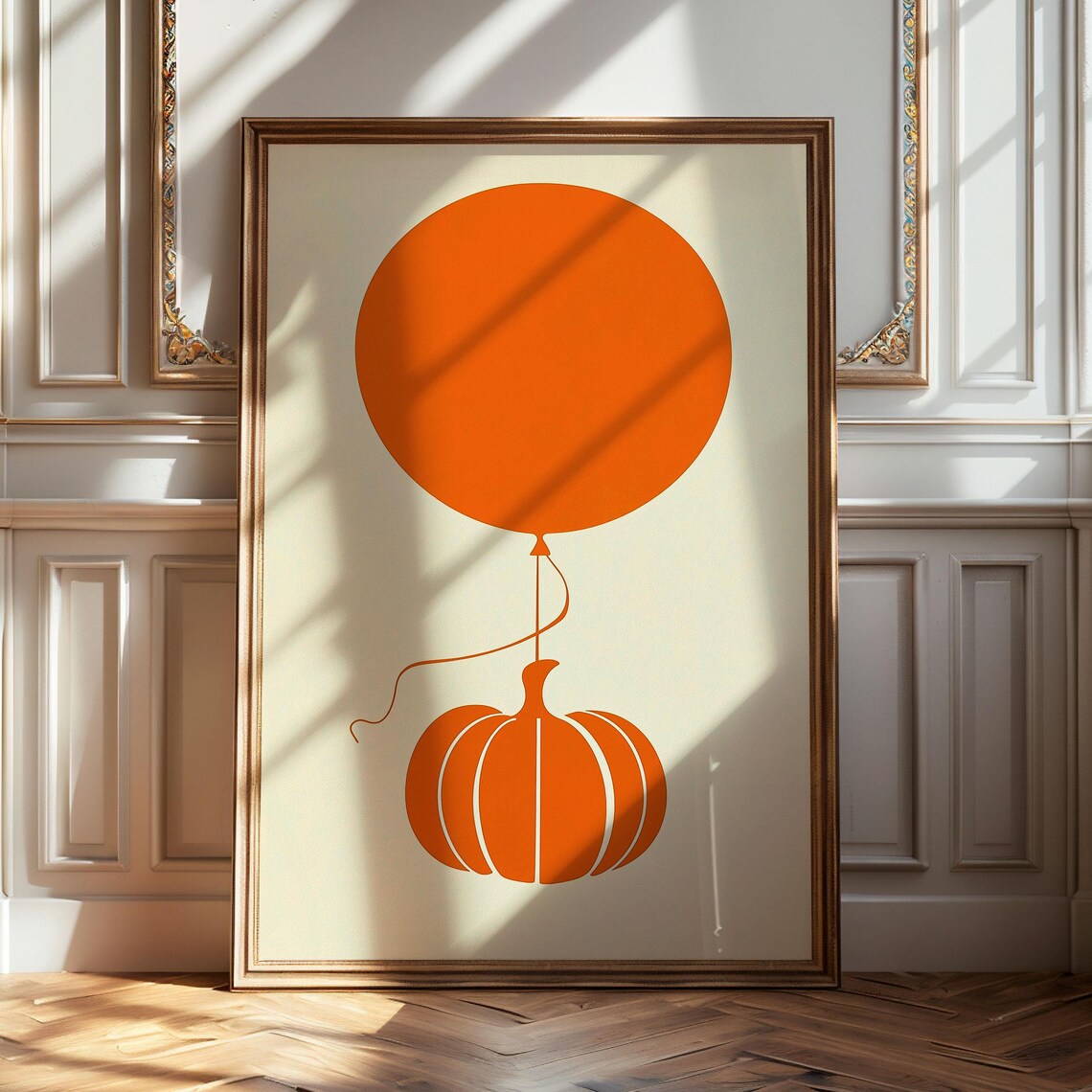 Orange Balloon Tied To Pumpkin Minimalist Halloween Fall Art Poster