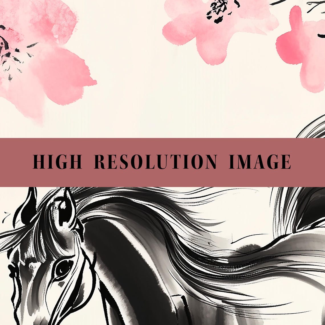 Galloping Horse Cherry Blossom Asian Ink Wash Painting Poster - Image 2