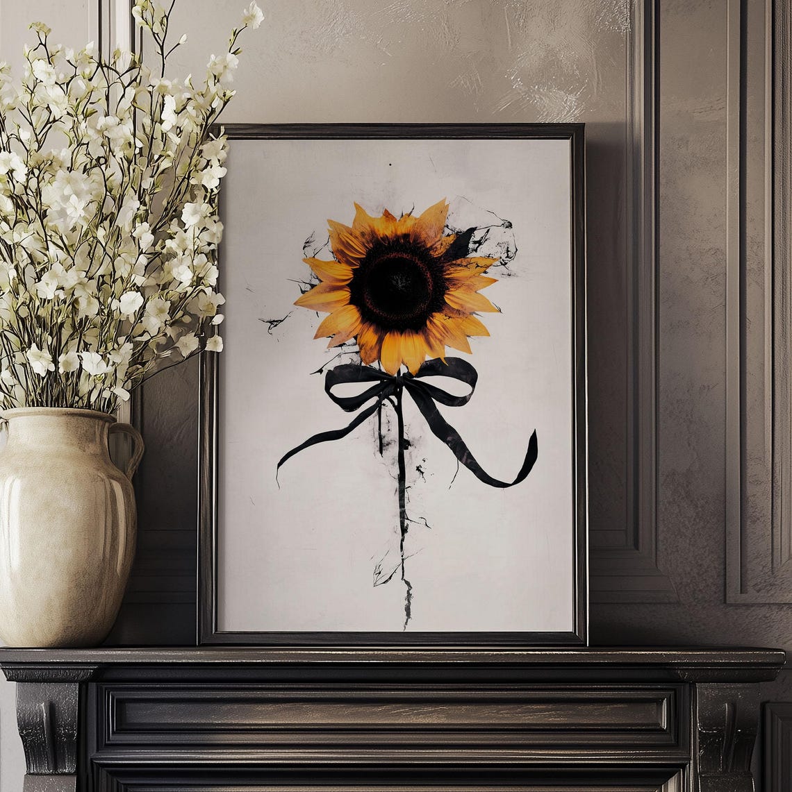 Sunflower Black Bow Ink Splatter Modern Abstract Floral Poster - Image 3