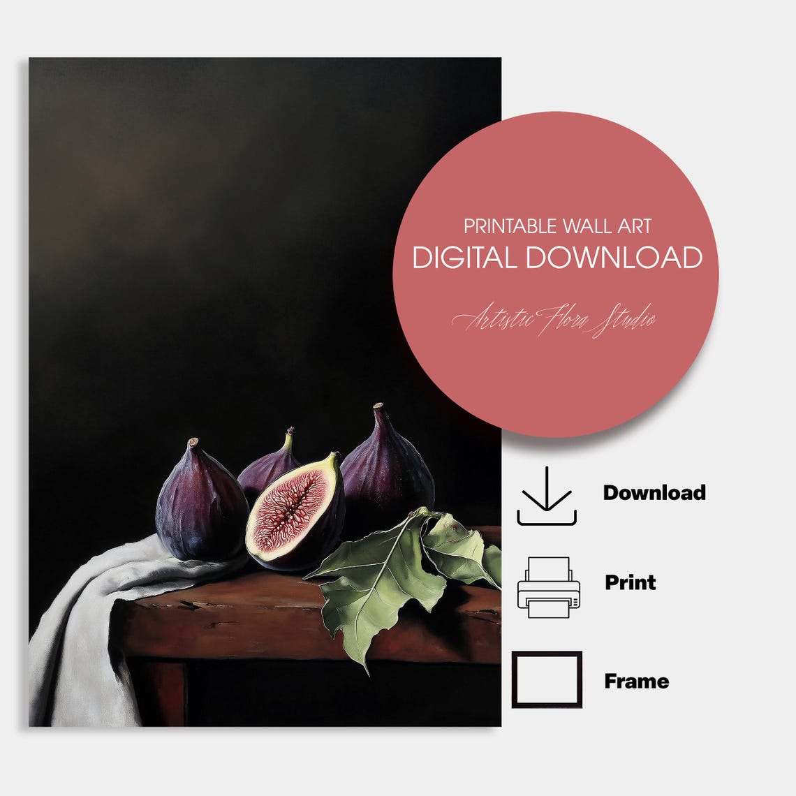 Dark Moody Fig Still Life With Cut Fig And Leaf Kitchen Art Poster - Image 4