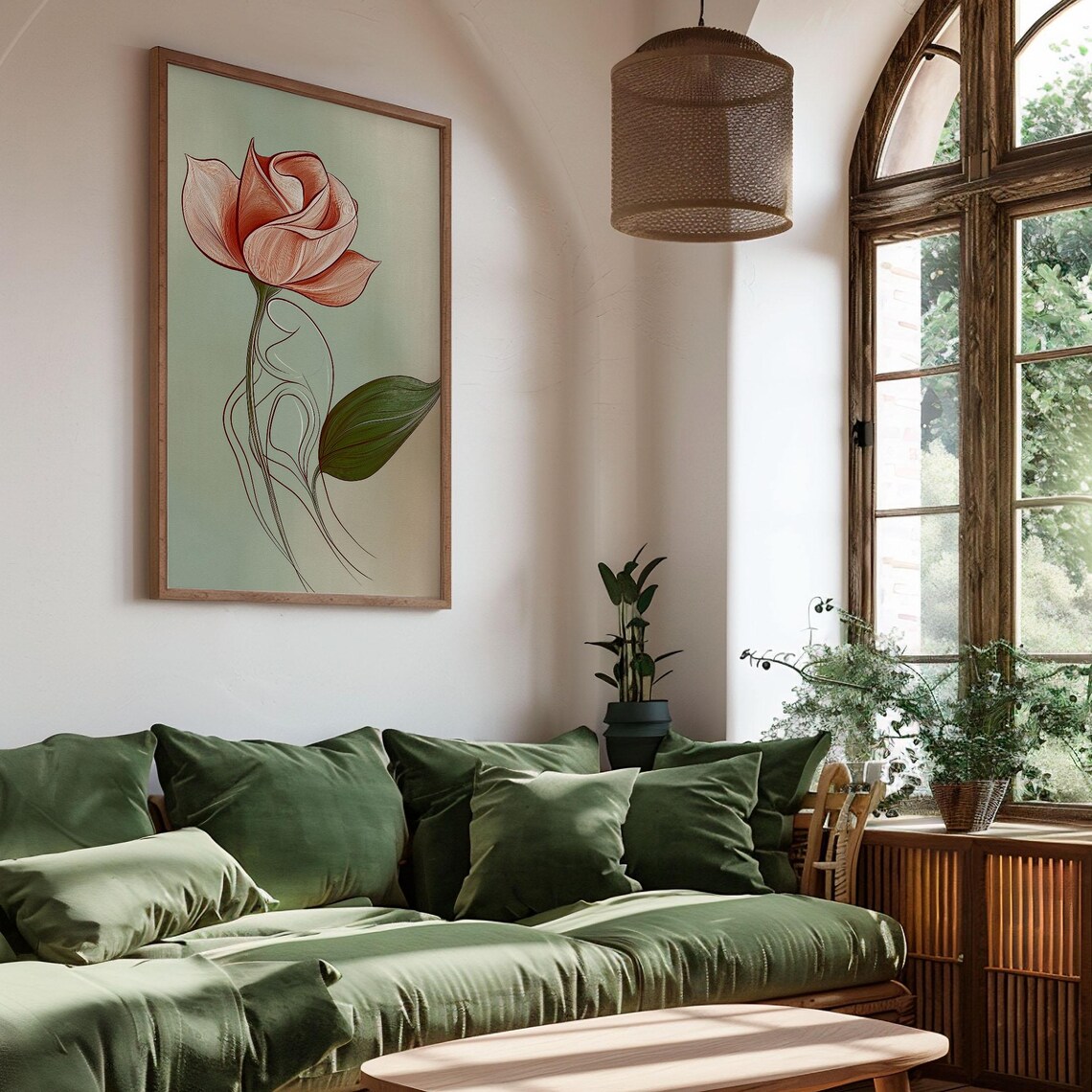 Pink Rose Woman Line Art Sage Green Elegant Feminine Wall Poster - Image 2
