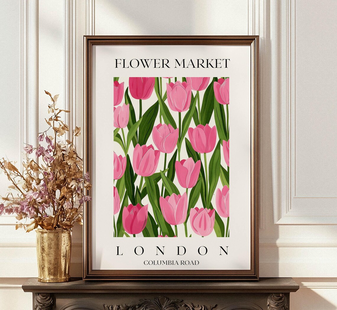 London Flower Market Pink Tulip Pattern Columbia Road Wall Poster - Image 3