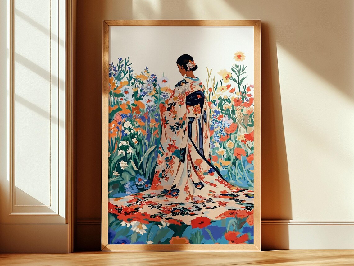 Woman in Floral Kimono Wildflower Garden Colorful Art Poster