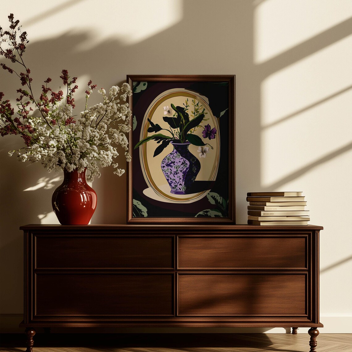 Purple Vase Floral Still Life Oval Frame Art Deco Botanical Poster - Image 2