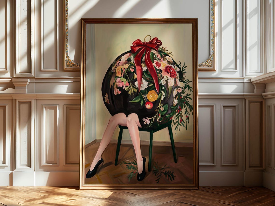 Woman With Giant Floral Christmas Bauble And Red Bow Surreal Poster