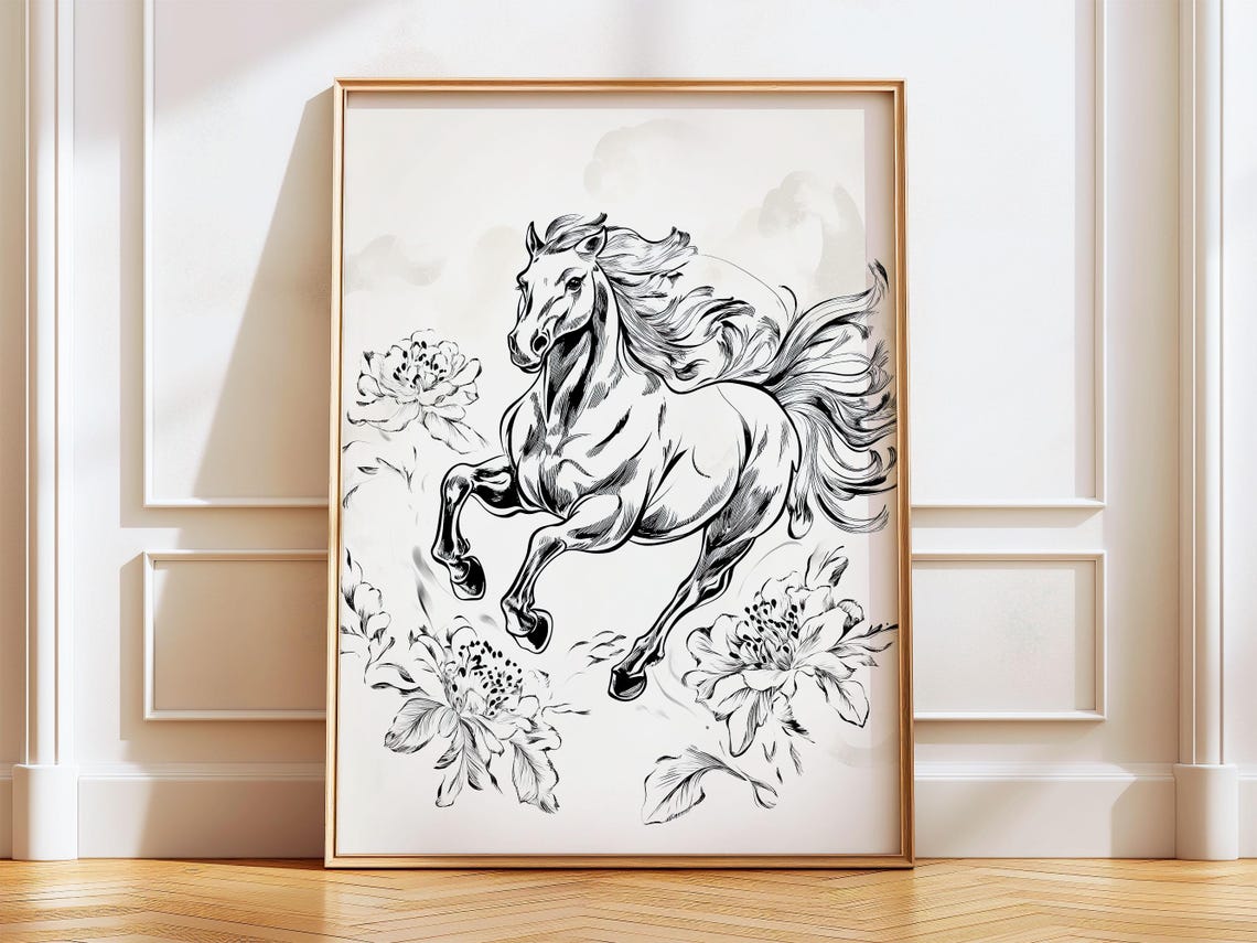 Galloping Horse Ink Illustration Peony Flower Black White Poster