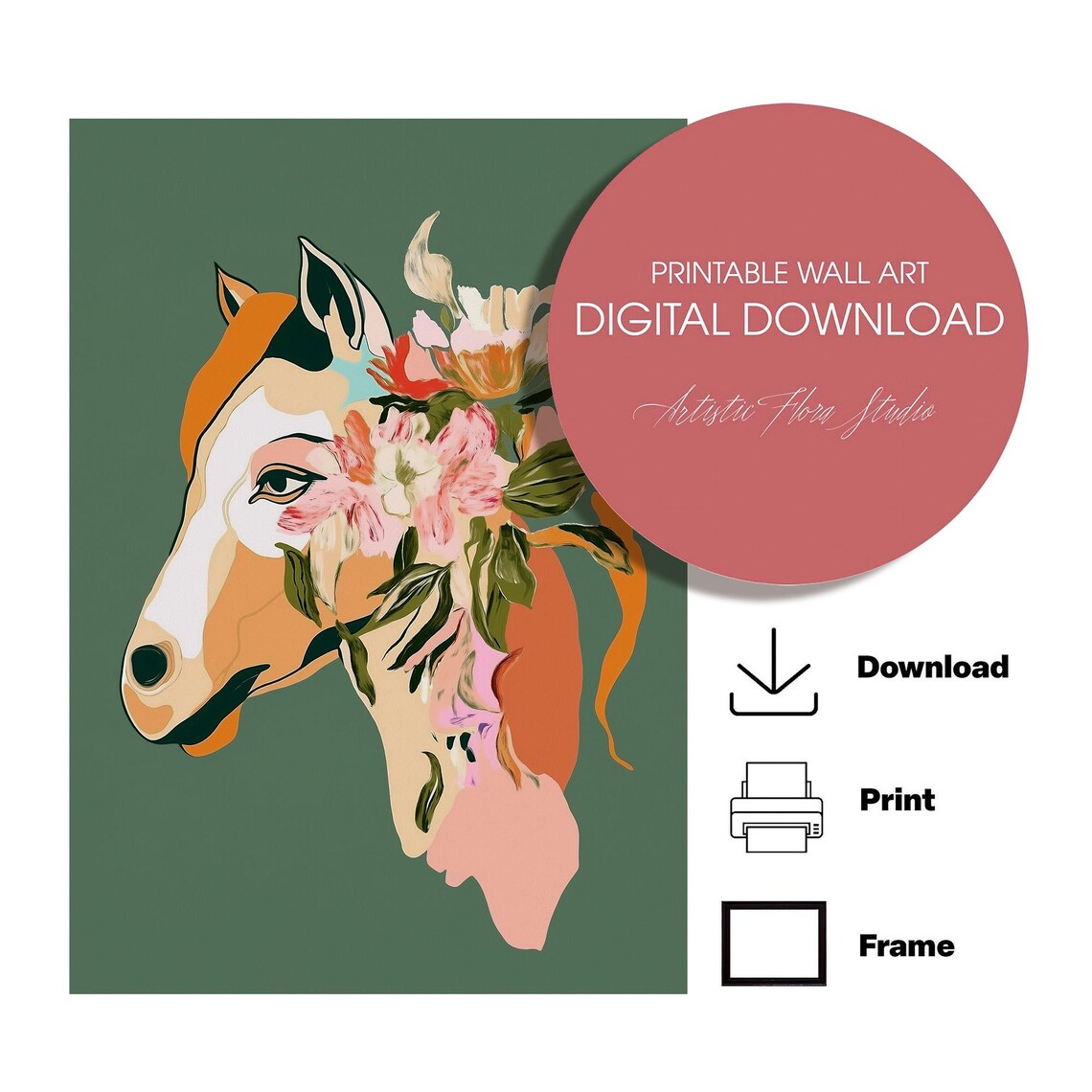Horse Head Floral Mane Sage Green Abstract Oil Painting Poster - Image 2