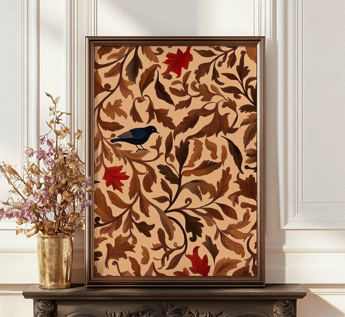 Vintage Botanical Tapestry Bird and Autumn Leaf Pattern Poster - Image 4