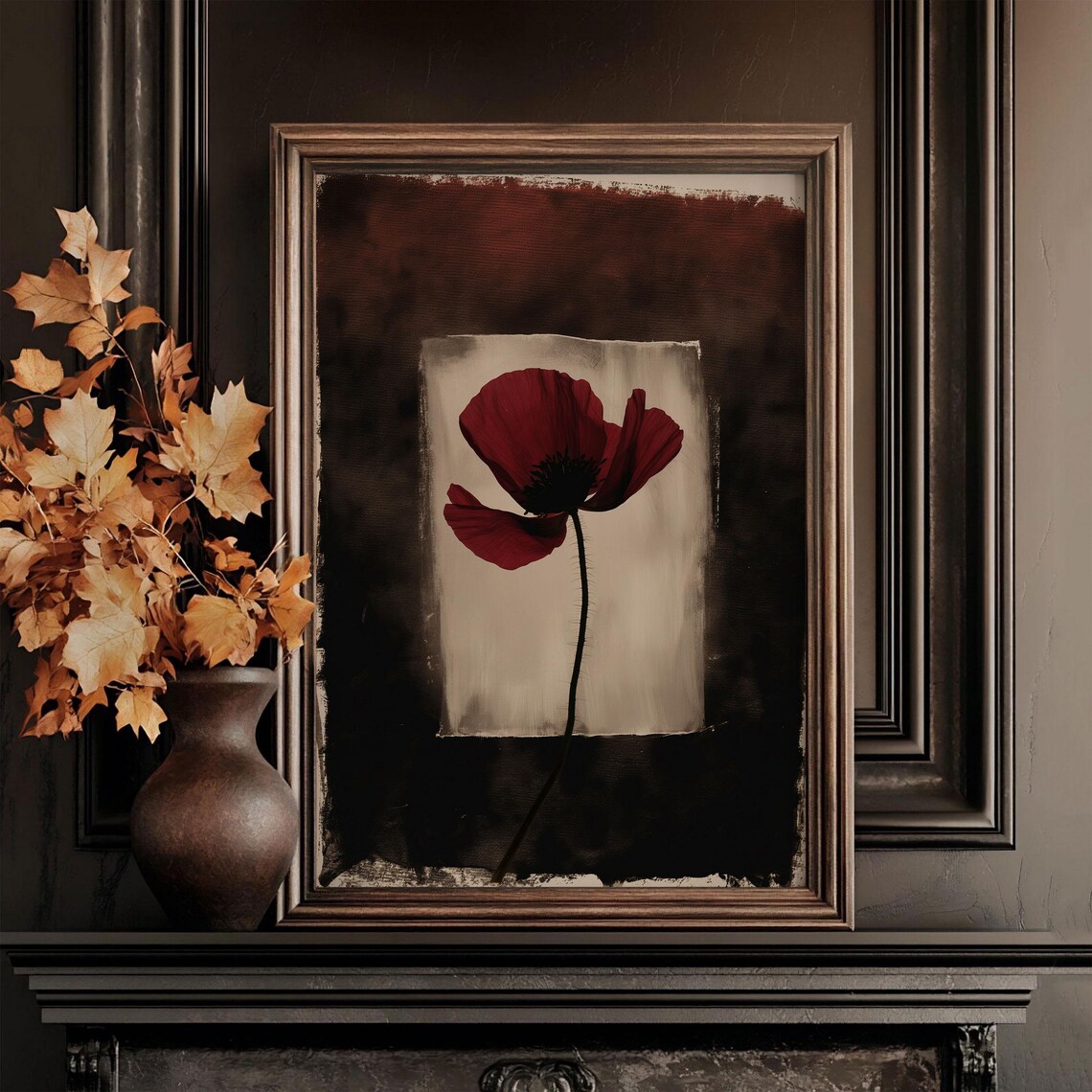 Red Poppy Blossom Dark Moody Floral Botanical Painting Poster - Image 3