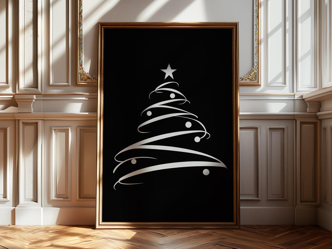 White Line Art Christmas Tree On Black Minimalist Graphic Poster