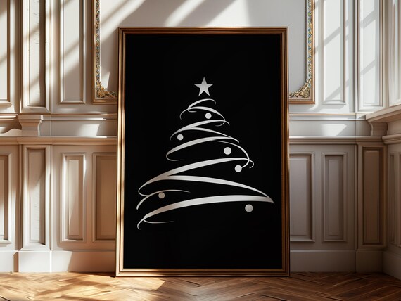 White Line Art Christmas Tree On Black Minimalist Graphic Poster