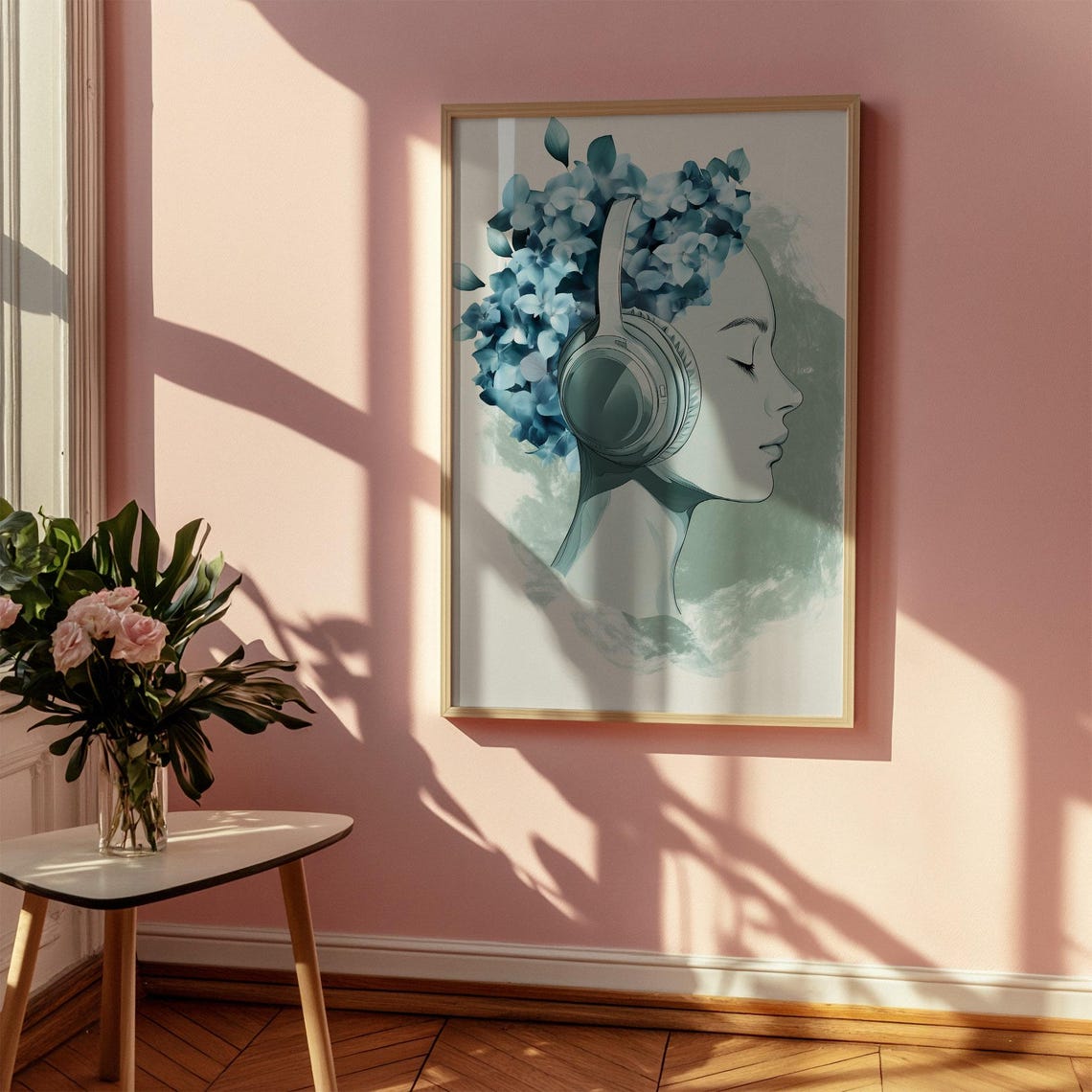 Serene Woman Headphones Hydrangea Hair Teal Watercolor Poster - Image 3