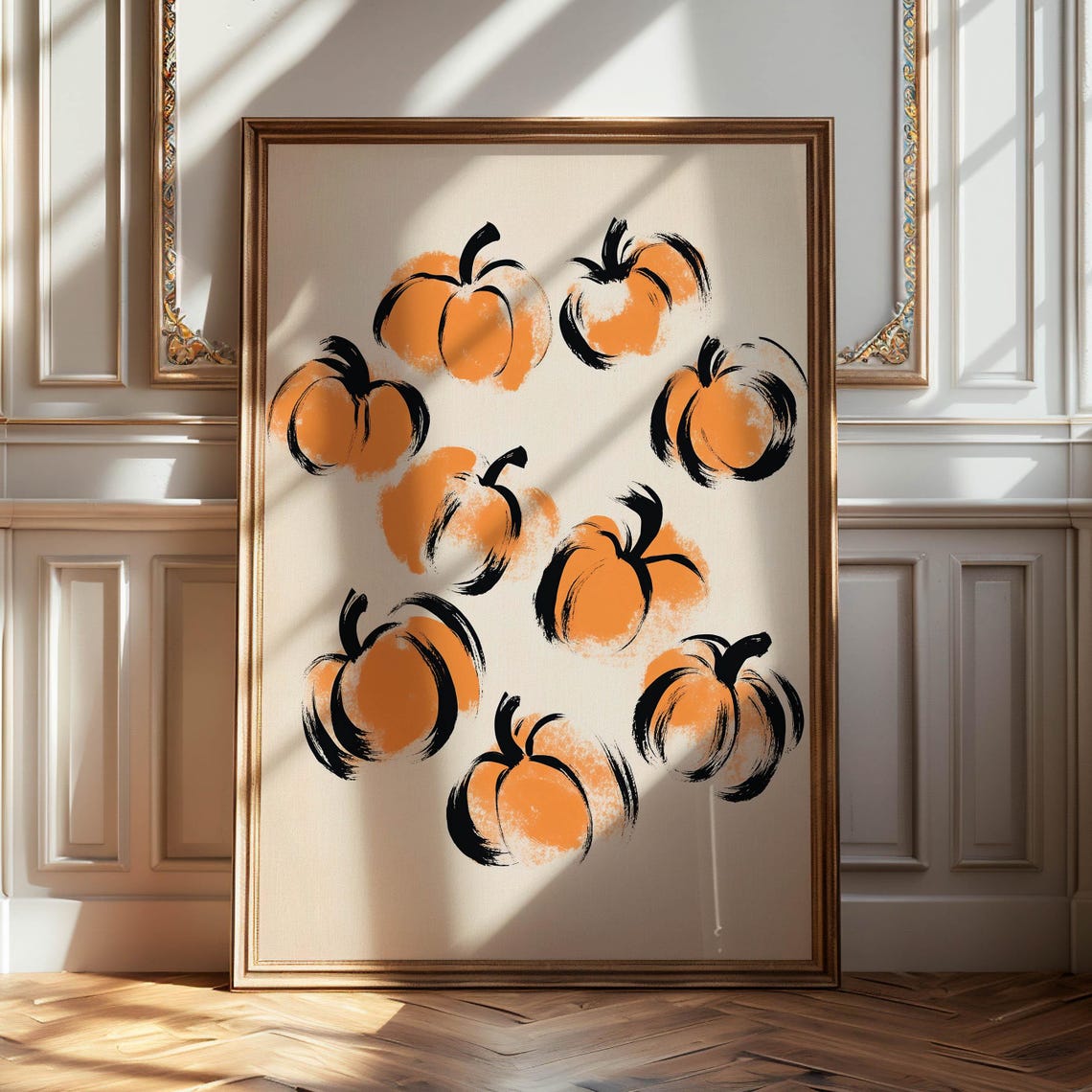 Nine Orange Pumpkins Brush Stroke Minimalist Autumn Art Poster