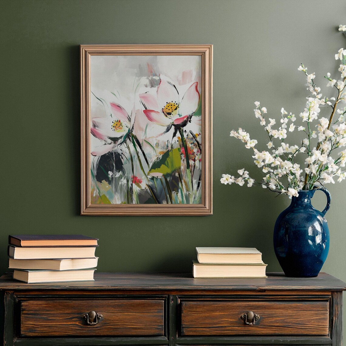 White Lotus Blossoms Abstract Oil Painting Pink Floral Art Poster - Image 3