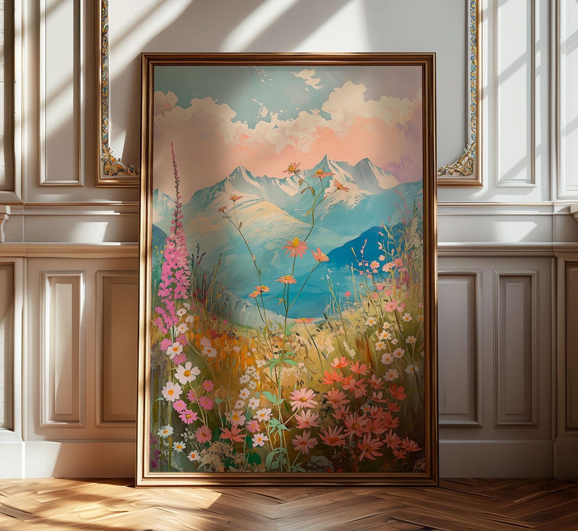 Alpine Peaks Wildflower Meadow Peachy Sky Mountain Landscape Poster - Image 3