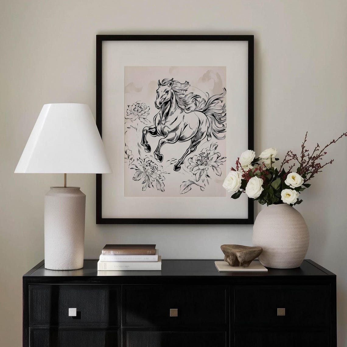 Galloping Horse Ink Illustration Peony Flower Black White Poster - Image 2