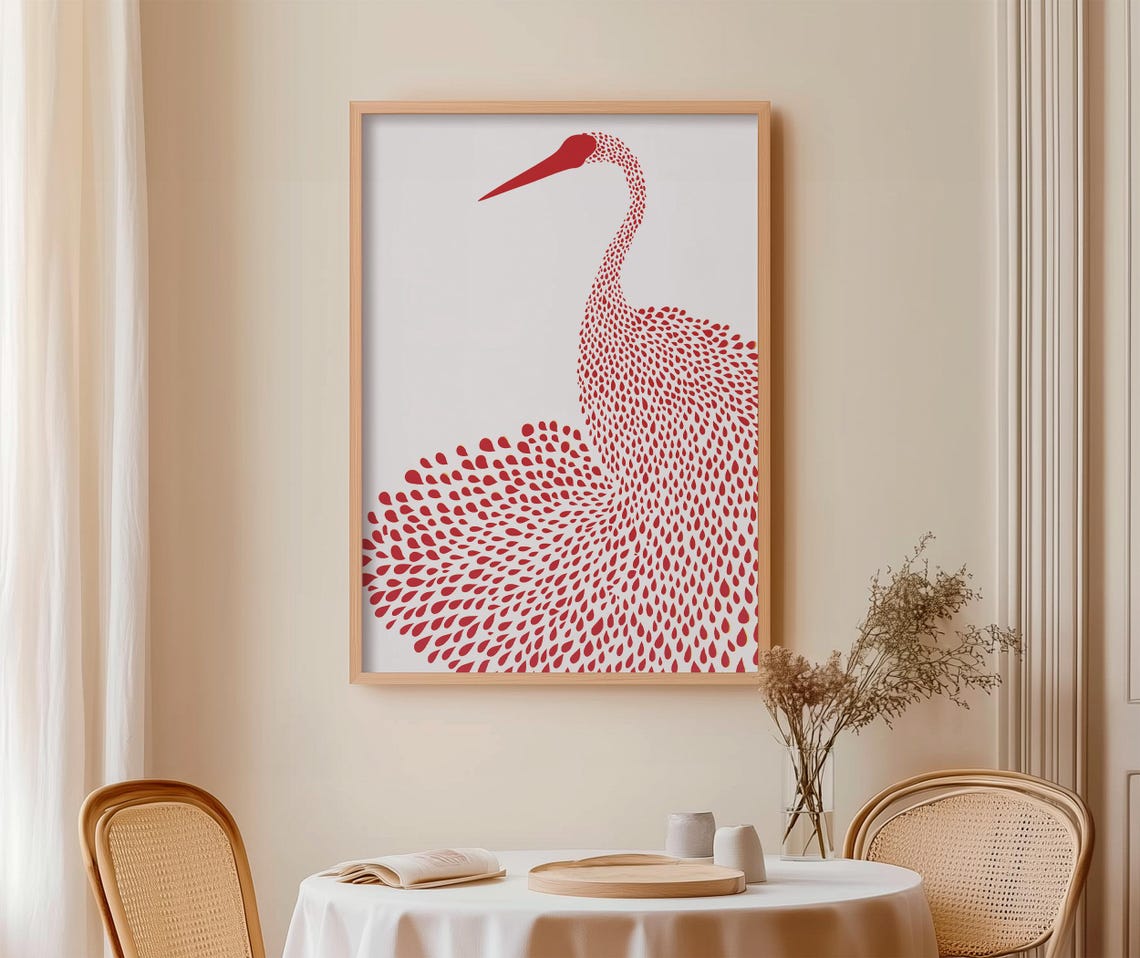 Red Dotted Egret Pointillist Bird Modern Abstract Texture Poster - Image 2