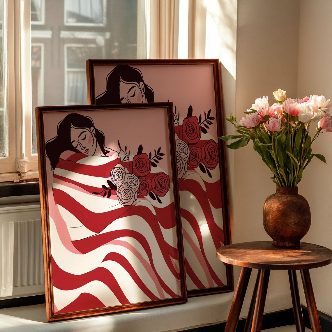 Sleeping Woman Red Striped Blanket Roses Romantic Art Poster - Image 2