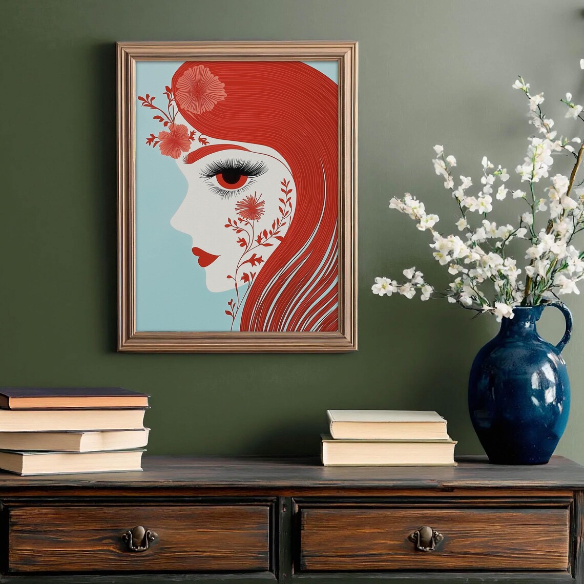 Redhead Woman Profile with Red Hair Floral Retro Style Art Poster - Image 2