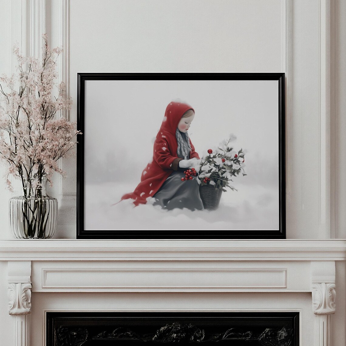 Girl In Red Hooded Cape Gathering Winterberries In Snow Painting Poster - Image 2