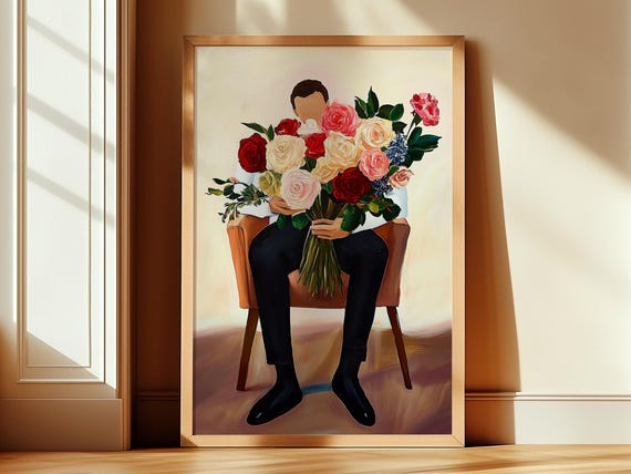 Man Quirky Portrait Massive Flower Bouquet Oil Painting Style Fauvism Abstract Illustration Bold Interior Decor Home Art Decor 262