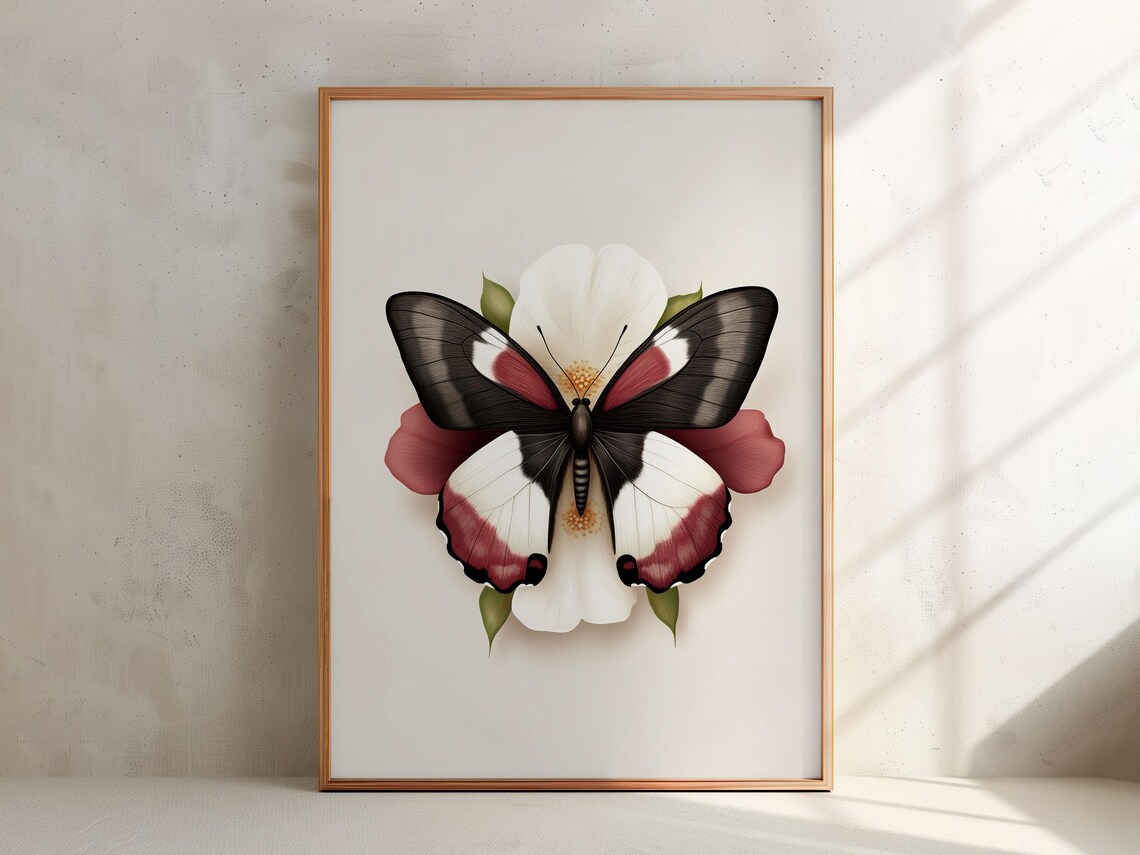 Burgundy Black White Butterfly White Flower Botanical Poster