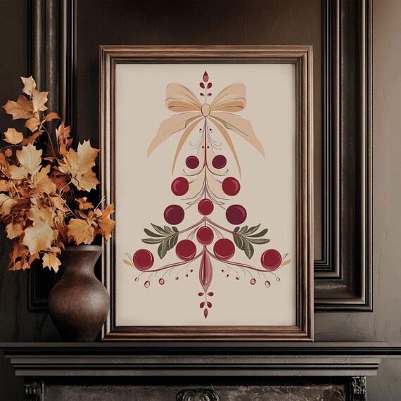 Red Berry Christmas Tree Gold Bow Elegant Holiday Art Poster
