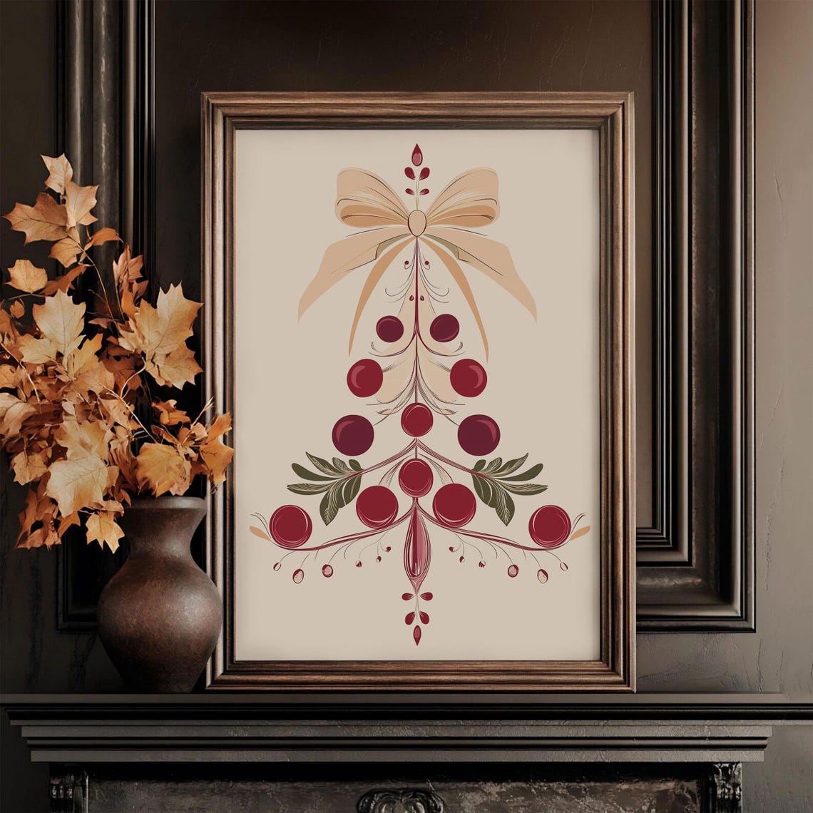 Red Berry Christmas Tree Gold Bow Elegant Holiday Art Poster