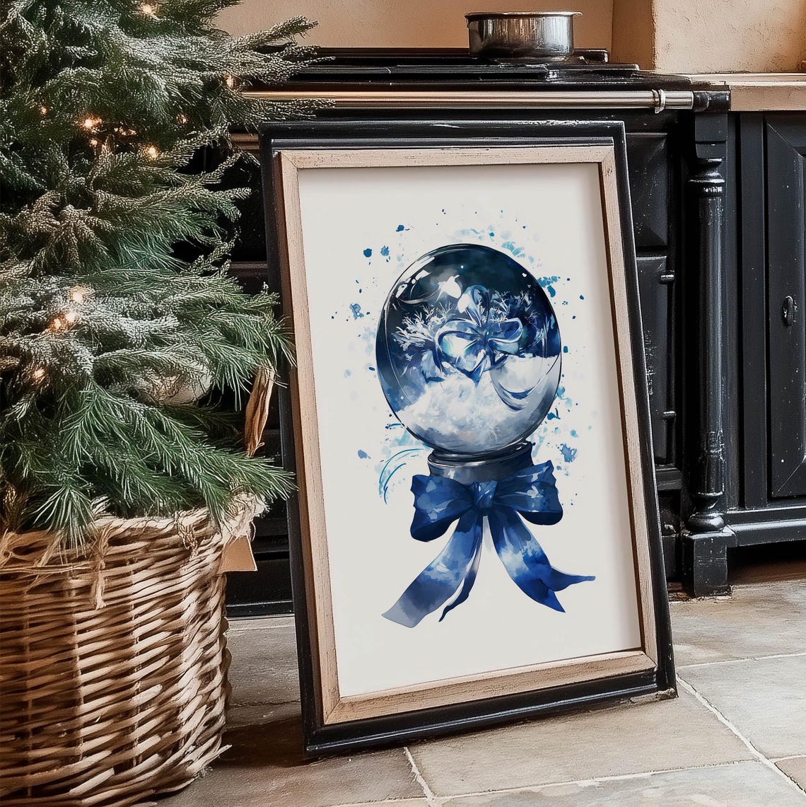 Blue Watercolor Snow Globe With Bow Winter Christmas Art Poster - Image 2