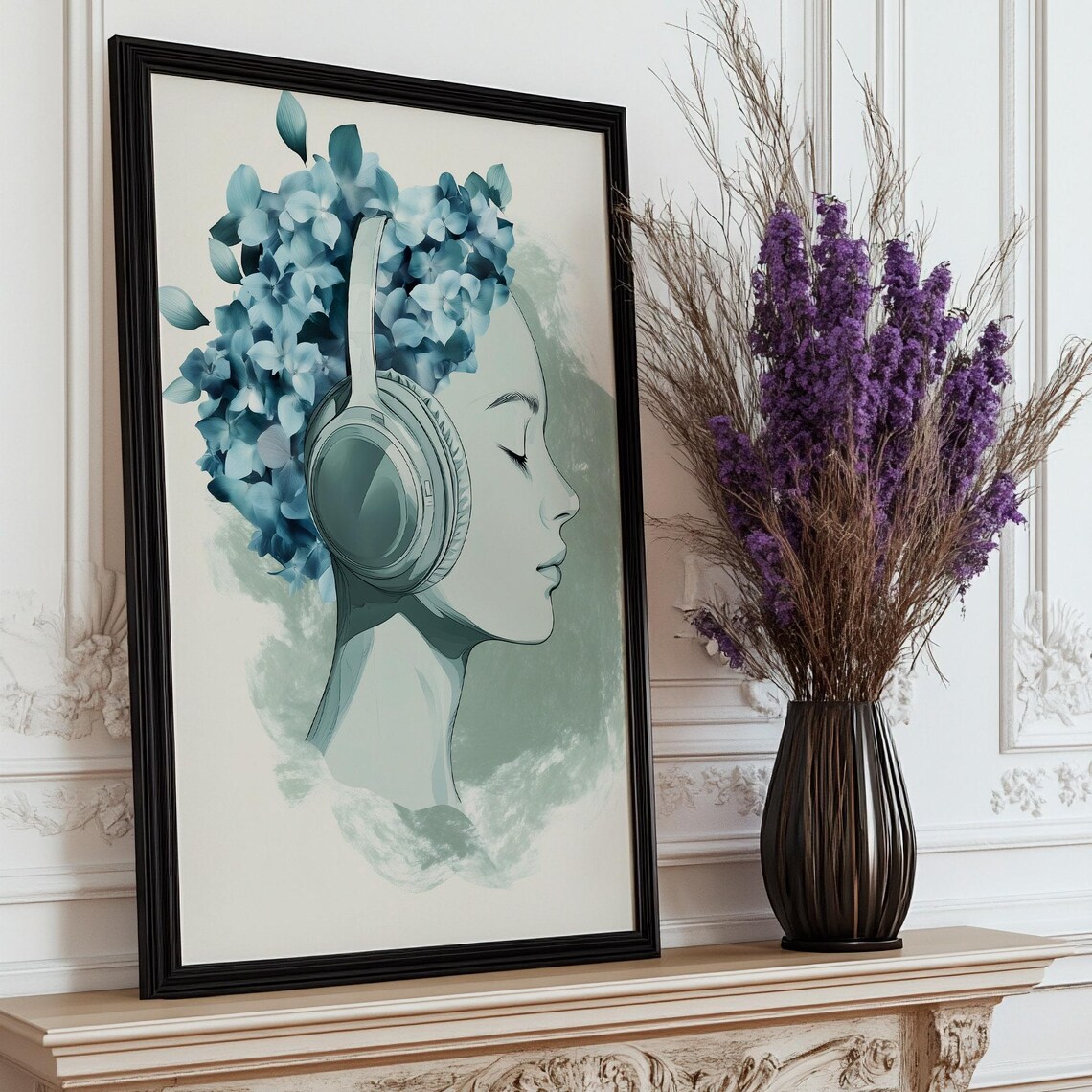 Serene Woman Headphones Hydrangea Hair Teal Watercolor Poster - Image 4