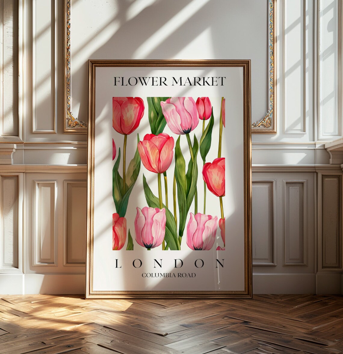London Flower Market Pink Tulips Watercolor Columbia Road Poster