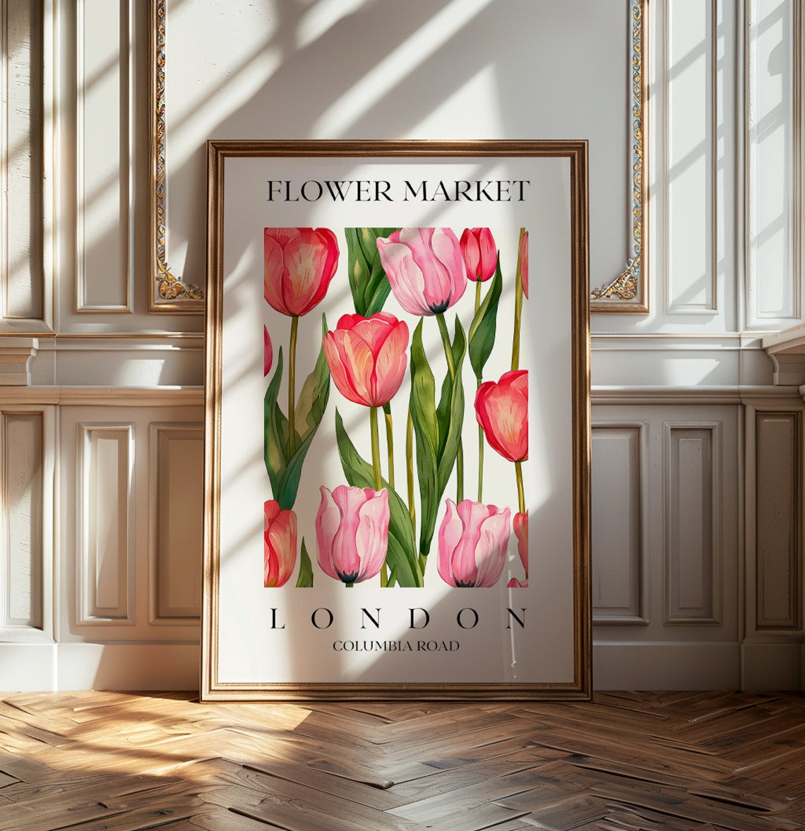 Tulip Flower Market London Print Graphic Pink Red Green Wall Art Columbia Road England Art Lifestyle Living Room Decor Bedroom Dutch Flower