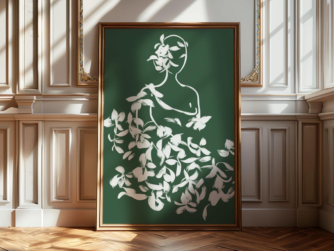 White Floral Woman Line Art on Deep Green Matisse Style Poster