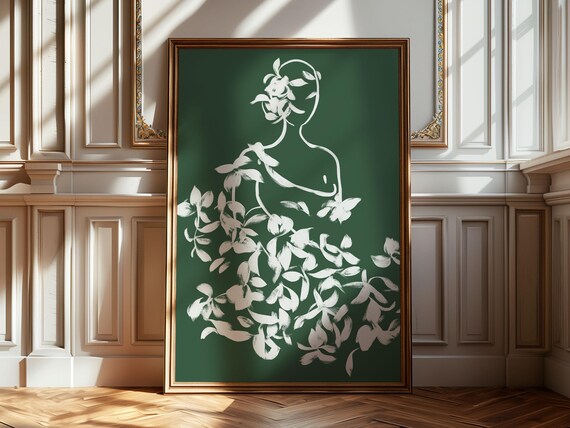 Woman Silhouette Print Matisse Style White Chalk Floral Illustration Green White Wedding Decor Elegant Living Room Wall Decor 258