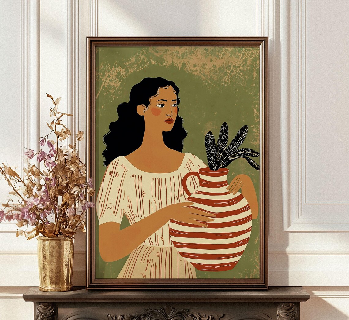 Black Woman Holding Striped Pitcher Mid Century Modern Art Poster - Image 5