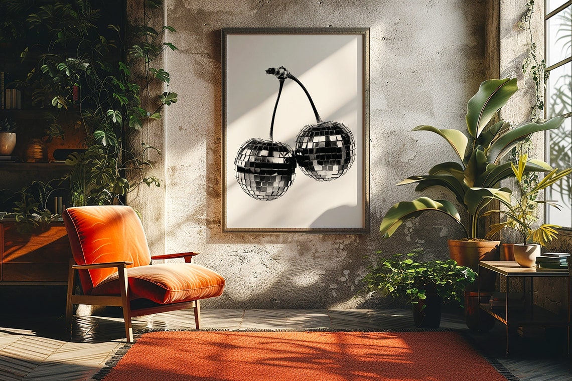 Cherry Disco Ball Black and White Trendy Party Wall Decor Poster - Image 3