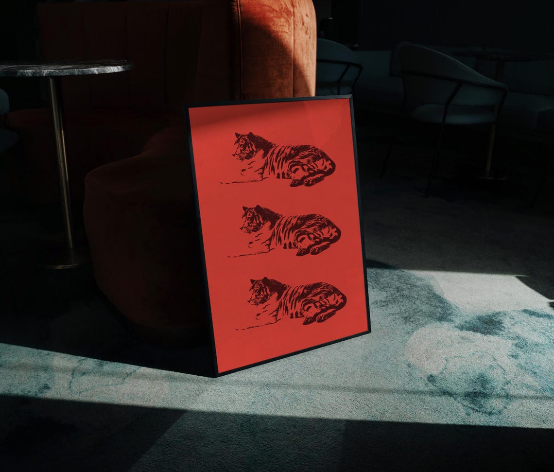 Triple Resting Tiger Bold Red Graphic Animal Art Decor Poster - Image 4