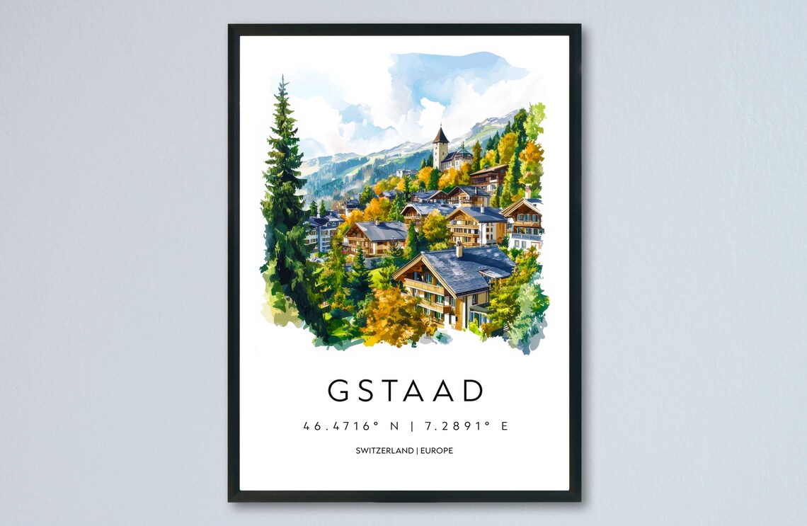 Gstaad Switzerland Autumn Chalets Watercolor Alpine Village Poster