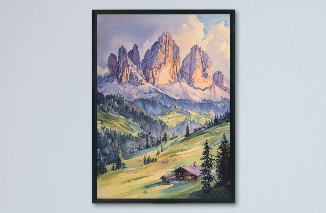 Dolomites Watercolor Travel Poster, Italy Mountain Decor