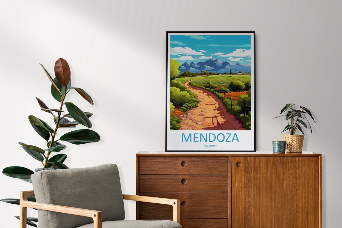 Mendoza Argentina Country Road Green Fields Andes View Travel Poster - Image 2