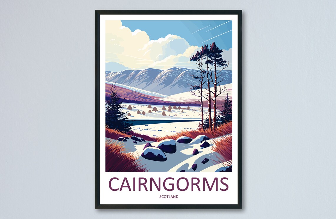 Cairngorms Scotland Snowy Mountain Winter Illustrated Travel Poster