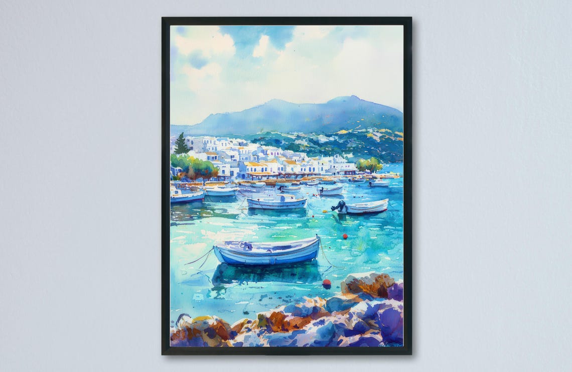 Kos Greece Watercolor Whitewashed Harbor Fishing Boats Travel Poster