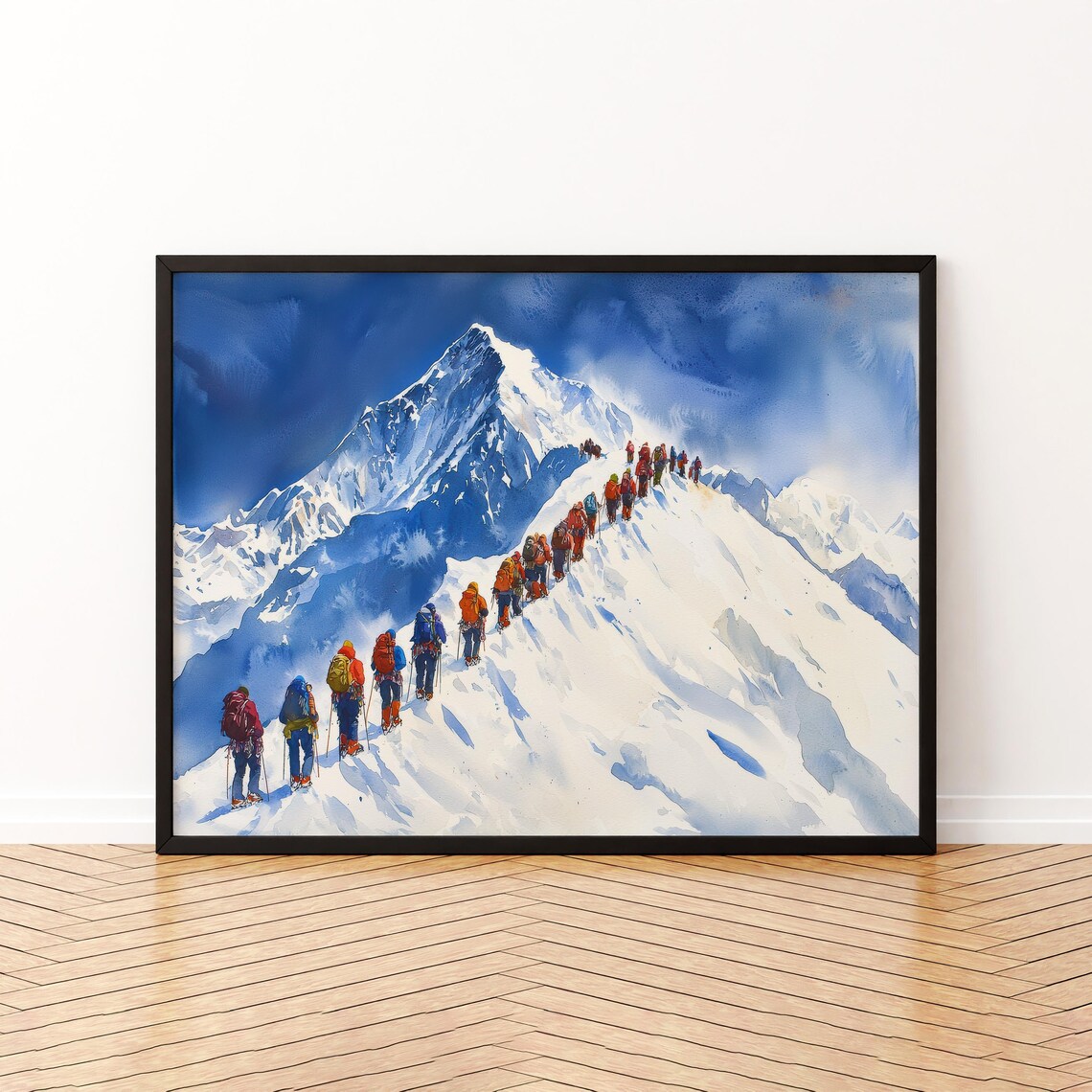Mount Everest Himalaya Watercolor Poster Climbers Ascending Snow Summit Peak