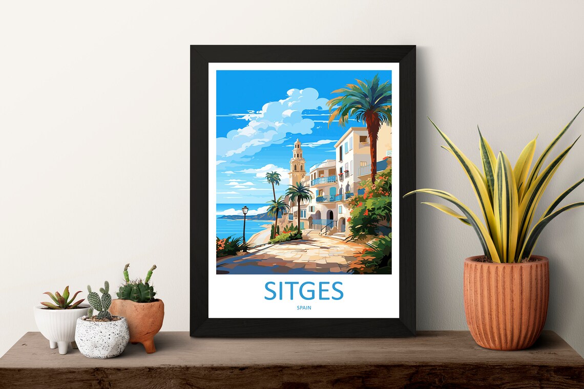 Sitges Spain Vintage Waterfront Church Tower Travel Poster Palms - Image 3