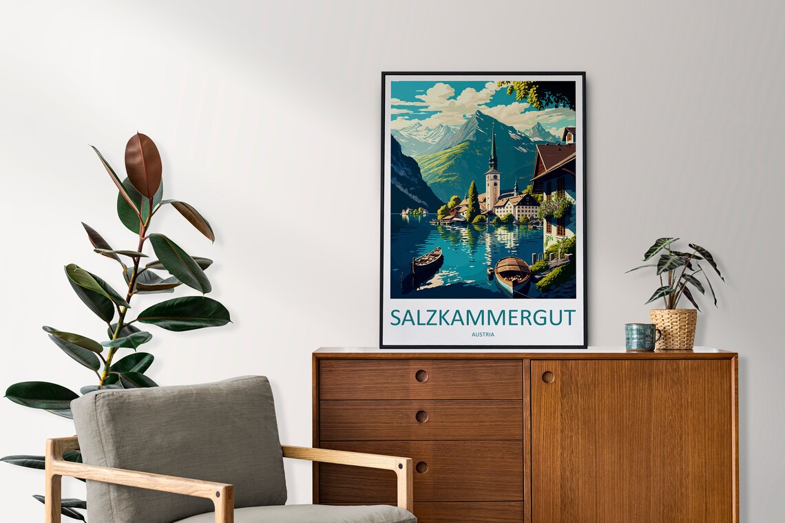 Salzkammergut Austria Lakeside Village Alpine Lake Boats Travel Poster - Image 2