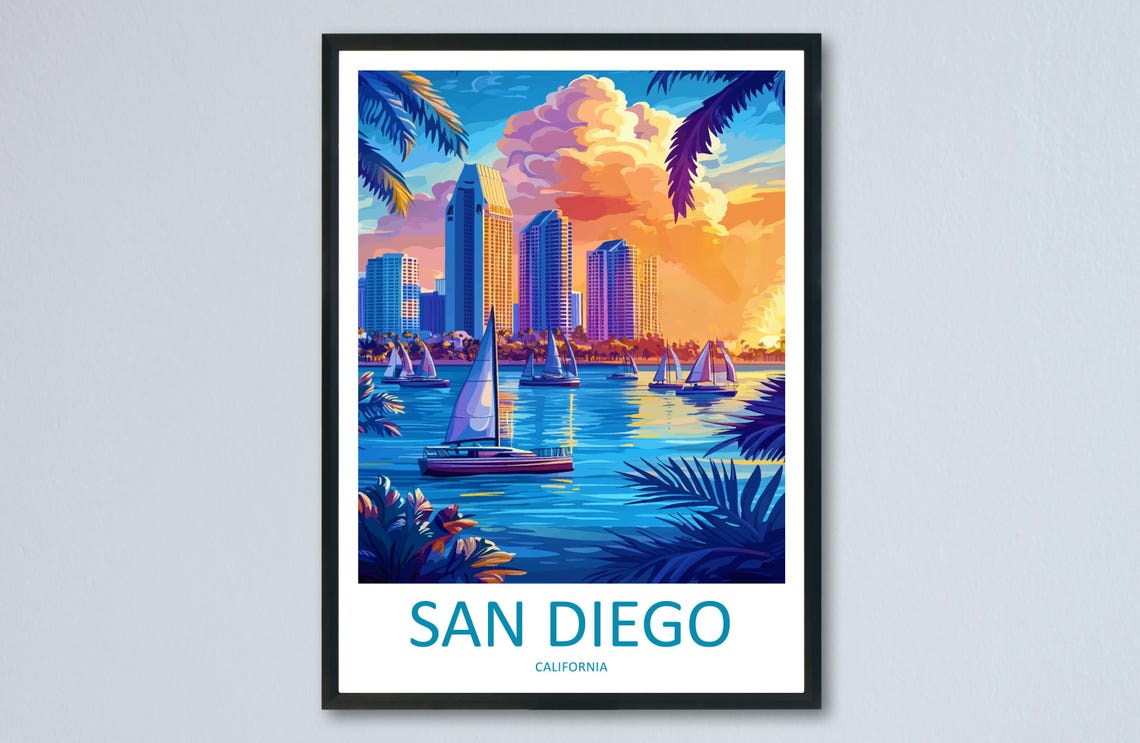 San Diego Bay Skyline Sailboats Colorful Sunset Travel Poster