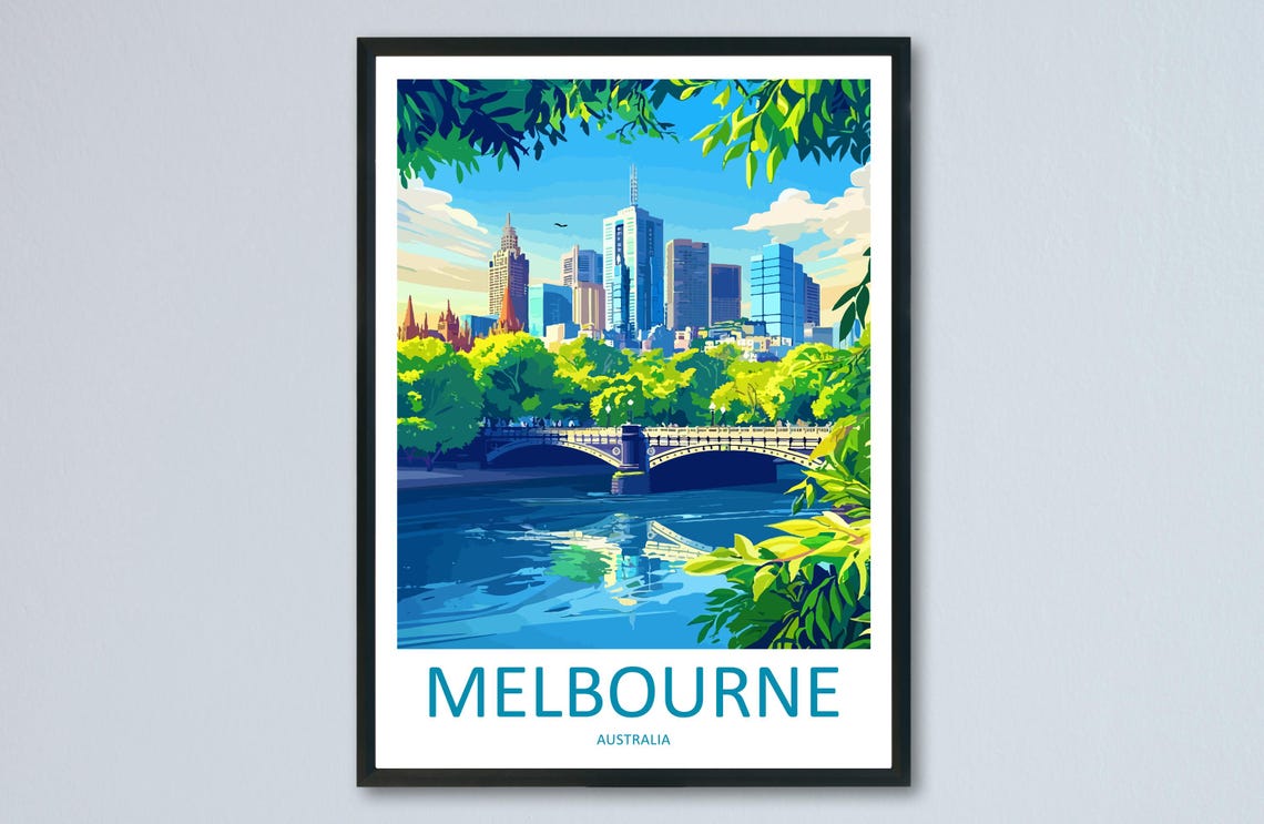 Melbourne Australia Yarra River Skyline Daytime Travel Poster