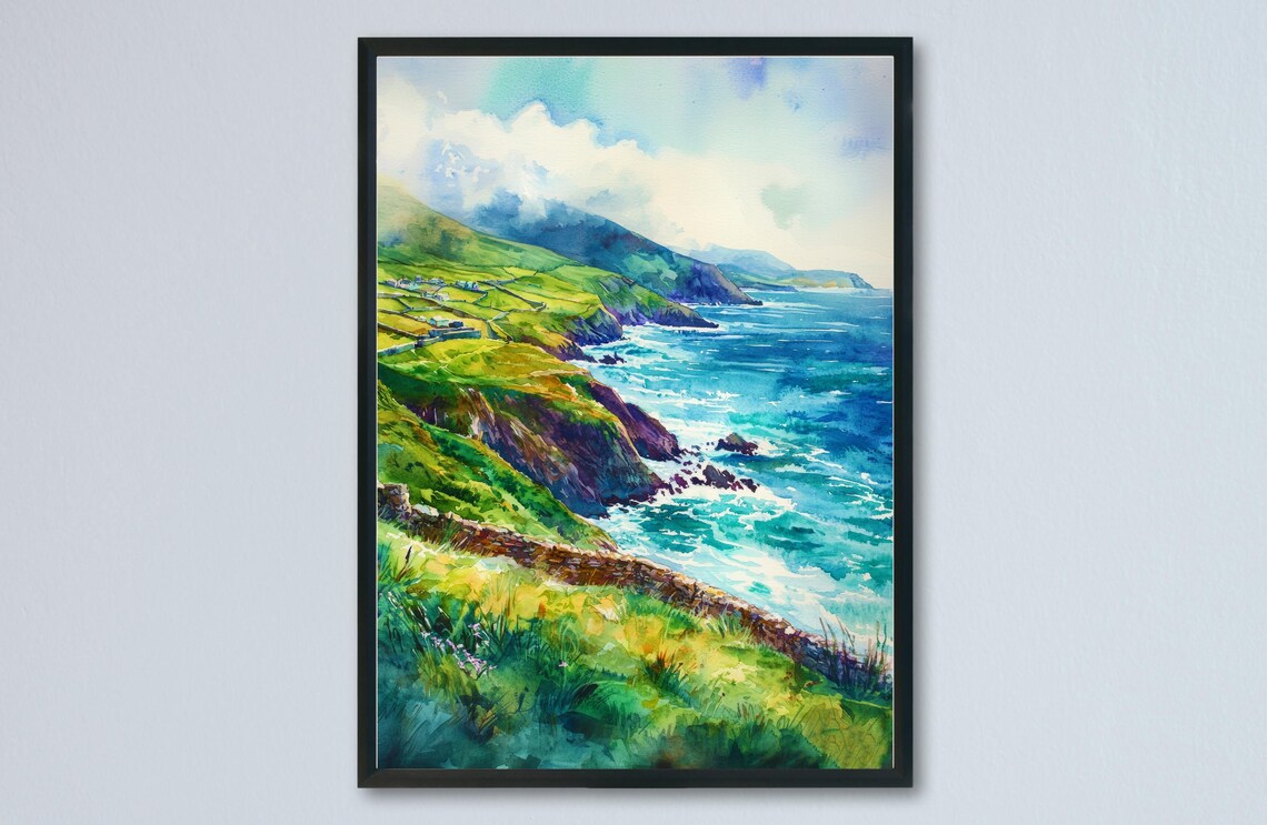 Dingle Peninsula Irish Green Rocky Coast Watercolor Travel Poster